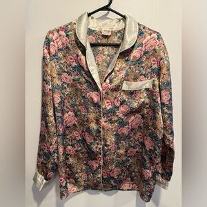 Vintage 2pc SET La Senza floral satin pyjamas button up pants pink 90s roses Sm